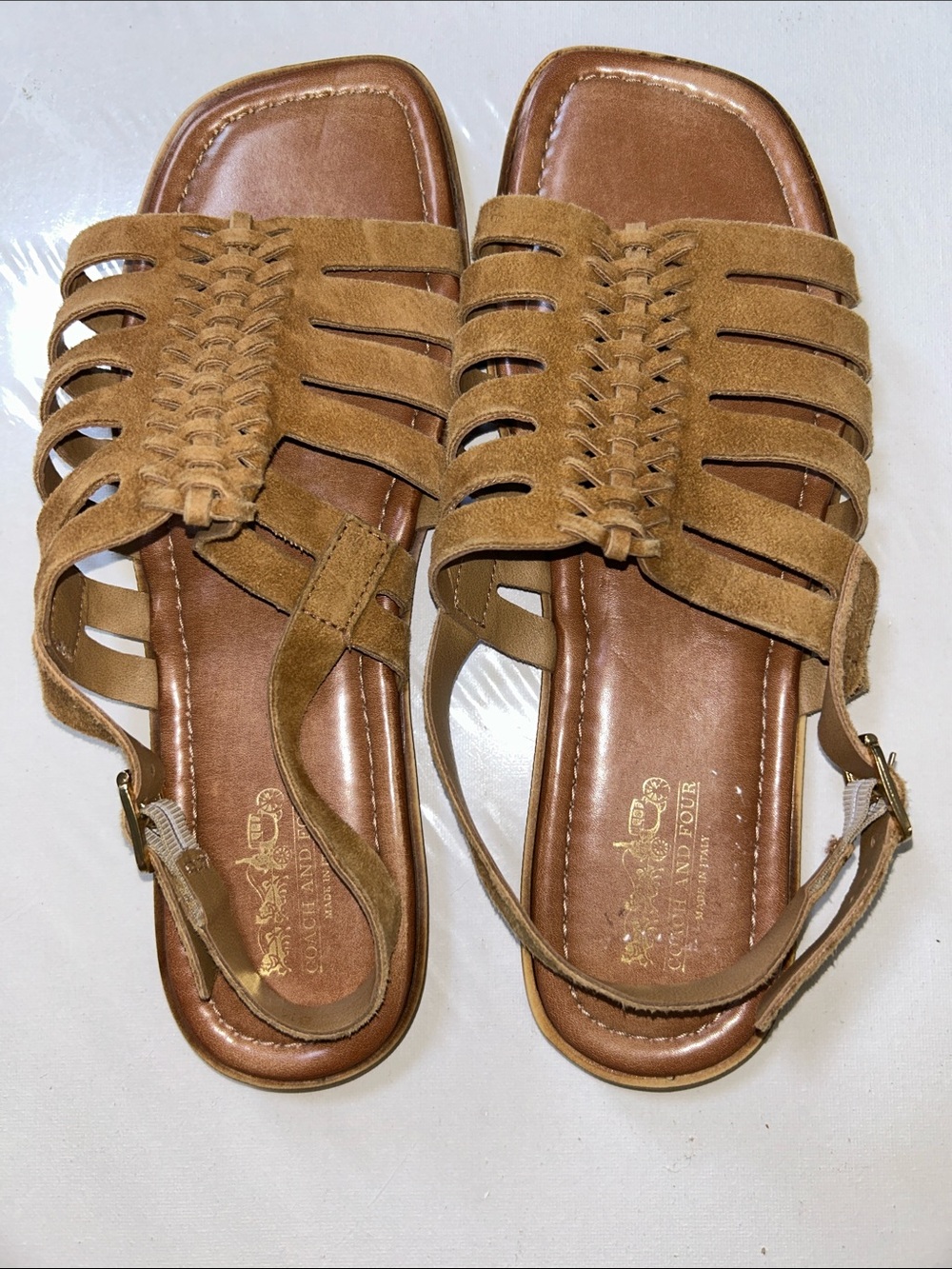 NWOB Coach and Four Giulio Huarache Tan Suede Braided Strappy Slingback Sandals